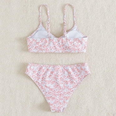 Utoimkio Clearance Girls Swimsuits Floral Print Bikini Set,Two Piece Swimsuit Ruched Halter Bathing Suit Girls' Swimwear