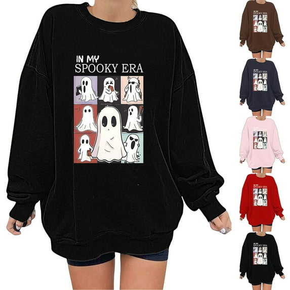 Utoimkio Halloween Oversized Sweatshirts for Women Ghost Reading Books Sweater Cute Spooky Bookish Long Sleeve Shirt Fall Pullover Tops for Women
