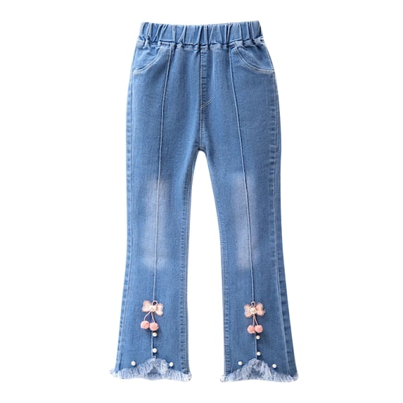 Utoimkio High Waisted Jeans for Girls Elastic Waist Wide Leg Denim Pants Casual Loose Trousers with Pockets for Girls 2-13 Years