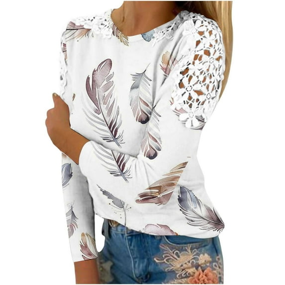 Utoimkio Long Sleeve Fall Tops for Women Oversized 2025 Crewneck Casual Floral Print Lace Shirts Blouses for Women