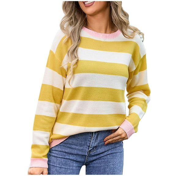 Utoimkio Long Sleeve Knit Shirts for Women Plus Size Casual Striped Crewneck Loose Fit Pullover Shirts Tops for Women