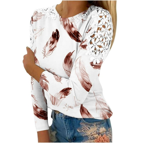 Utoimkio Long Sleeve Shirts for Women Fall Lace Tops Crew Neck Casual Tunic Blouses for Women