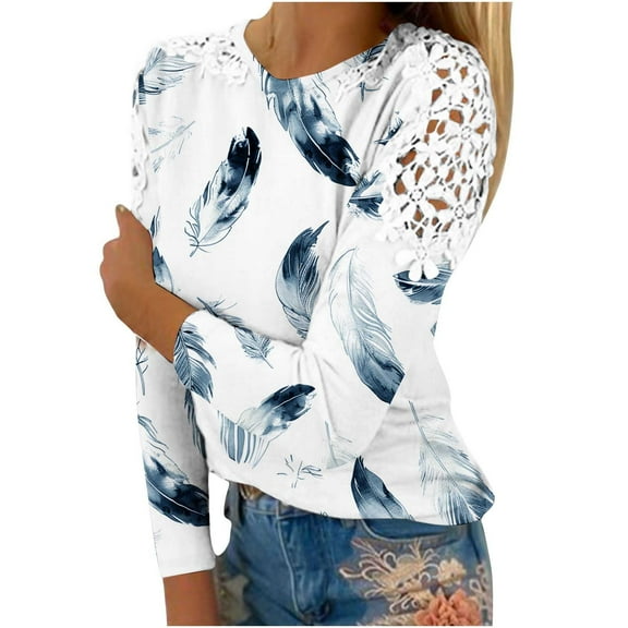 Utoimkio Long Sleeve Shirts for Women Fall Lace Tops Crew Neck Casual Tunic Blouses for Women