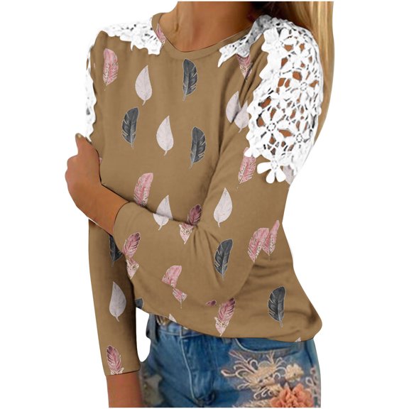 Utoimkio Long Sleeve Shirts for Women Plus Size Casual Floral Print Crewneck Loose Fit Pullover Shirts Tops for Women