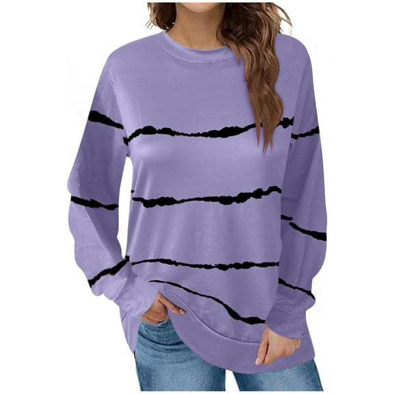 Utoimkio Long Sleeve Shirts for Women Plus Size Casual Striped Crewneck Loose Fit Pullover Shirts Tops for Women