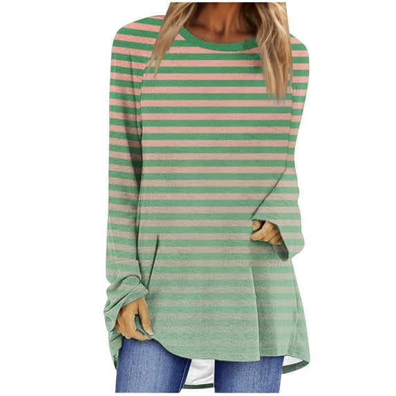 Utoimkio Long Sleeve Shirts for Women Plus Size Casual Striped Crewneck Loose Fit Pullover Shirts Tops for Women