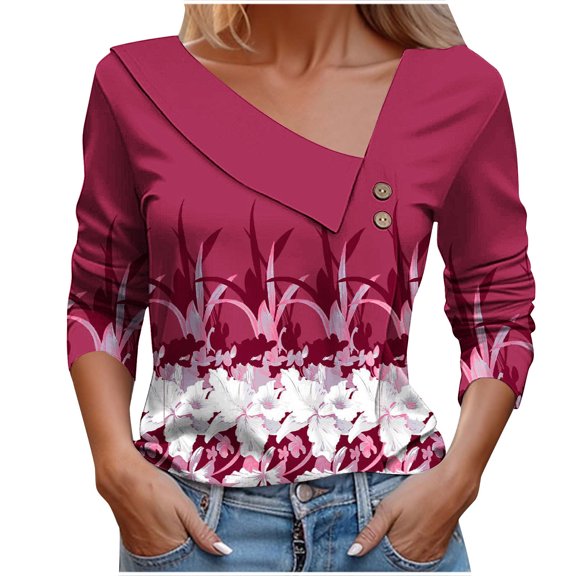Utoimkio Long Sleeve Tunic Tops for Women Plus Size V Neck Casual Floral Print Shirts Loose Fit Lightweight Tee Blouses for Women