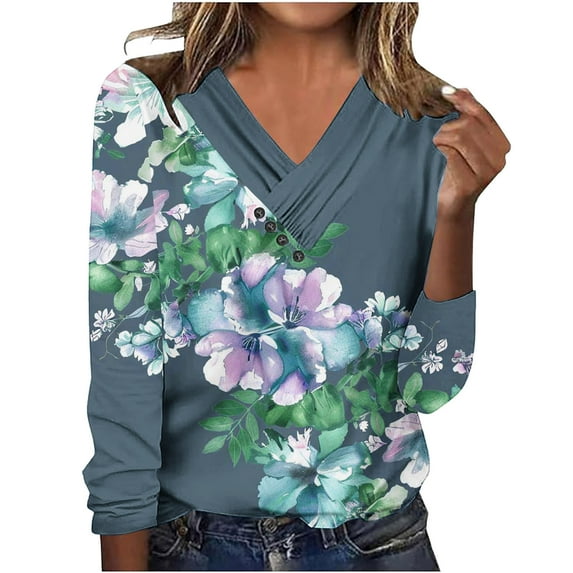 Utoimkio Long Sleeve Tunic Tops for Women Plus Size V Neck Casual Floral Print Shirts Loose Fit Lightweight Tee Blouses for Women