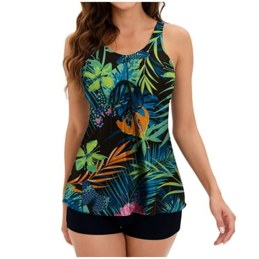 Utoimkio Clearance Modest Tankini Swimsuits for Women Tummy Control Two Piece Bathing Suits Floral Print Swimdress with Boy Shorts Summer Casual Tankini Swimwear