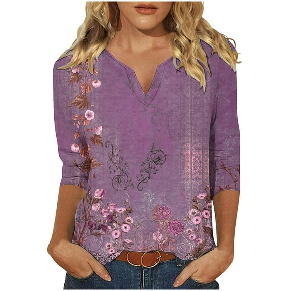 Utoimkio Plus Size Tops for Women 3/4 Sleeve V Neck T Shirts Spring Fall Casual Floral Print Tee Blouses for Women