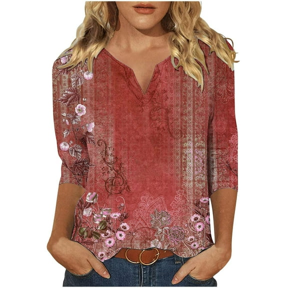 Utoimkio Plus Size Tops for Women 3/4 Sleeve V Neck T Shirts Spring Fall Casual Floral Print Tee Blouses for Women