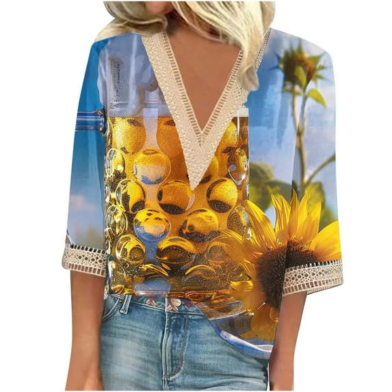 Utoimkio Clearance Plus Size Tops for Women 3/4 Sleeve V Neck T Shirts Spring Fall Casual Floral Print Tee Blouses for Women