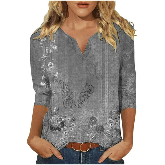 Utoimkio Plus Size Tops for Women 3/4 Sleeve V Neck T Shirts Spring Fall Casual Floral Print Tee Blouses for Women