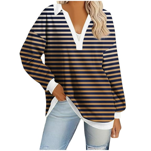 Utoimkio Plus Size Tunic Tops for Women V Neck Loose Fit Shirts Casual Striped Print Basic Tops Tees Blouses for Women