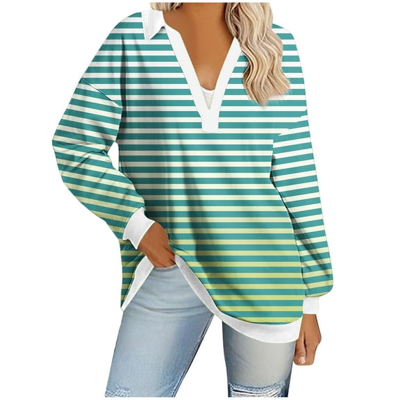 Utoimkio Plus Size Tunic Tops for Women V Neck Loose Fit Shirts Casual Striped Print Basic Tops Tees Blouses for Women