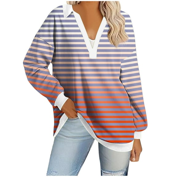 Utoimkio Plus Size Tunic Tops for Women V Neck Loose Fit Shirts Casual Striped Print Basic Tops Tees Blouses for Women