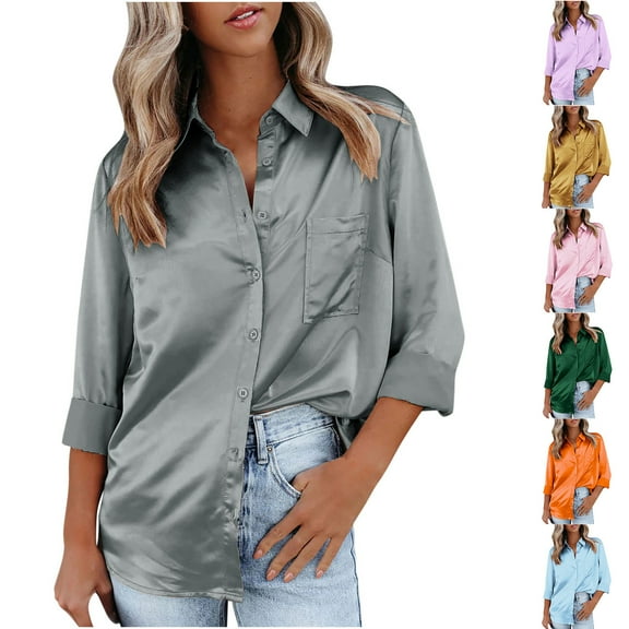 Utoimkio Satin Silk Office Work Blouses Tops for Women Button Down Shirts Long Sleeve Dress Shirts Solid Color Tunic Tops for Women with Pockets