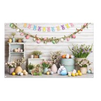 Utoimkio Small Size Spring Happy Easter,Theme Photography Backdrop RusticWooden Wall Background Bunny Rabbit Colorful Eggs Grass Floral Party Decor Banner Photo Booth Studio