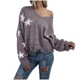 thumbnail image 1 of Utoimkio Star Print Off Shoulder Sweater for Women Plus Size Pullover V Neck Long Sleeve Cable Knitted Casual Loose Lightweight Sweaters for Women, 1 of 3