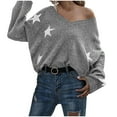 thumbnail image 1 of Utoimkio Star Print Off Shoulder Sweater for Women Plus Size Pullover V Neck Long Sleeve Cable Knitted Casual Loose Lightweight Sweaters for Women, 1 of 3