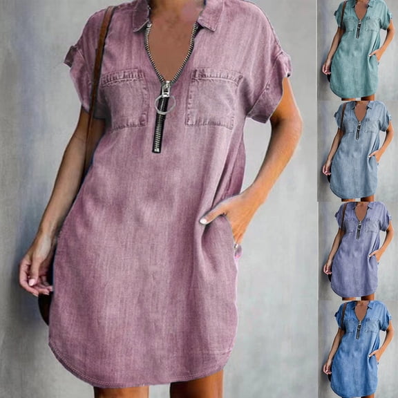 Utoimkio Summer Denim Shirt Dresses for Womens Short Sleeve Loose Jean Midi Dress 1/4 Zipper Casual Shift Dress Tunic Tops