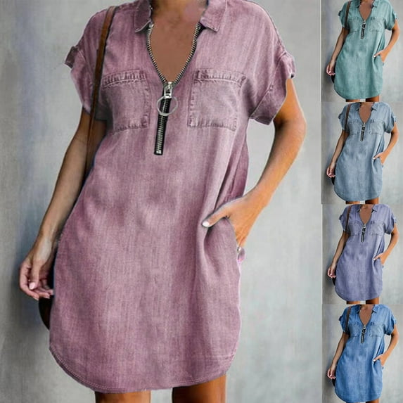 Utoimkio Summer Denim Shirt Dresses for Womens Short Sleeve Loose Jean Midi Dress 1/4 Zipper Casual Shift Dress Tunic Tops