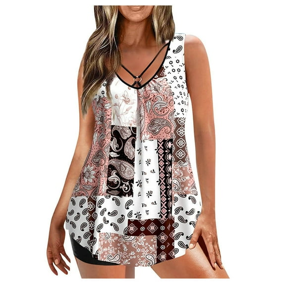 Utoimkio Clearance Tankini Swimsuits for Women Tummy Control Two Piece Bathing Suits Floral Print Swim Tank Top with Boy Shorts Summer Modest Tankini Swimwear