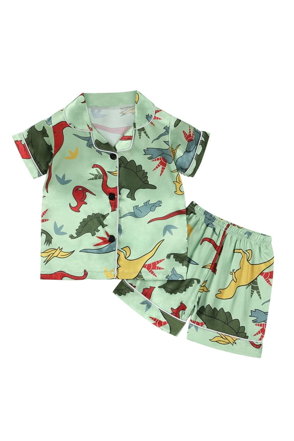 Toddler Baby Boy Girls Summer Pajama Shorts Set Short Sleeve Button Down Shirt and Pants 2Pcs Cute Print Summer Outfits Size 12M-8T