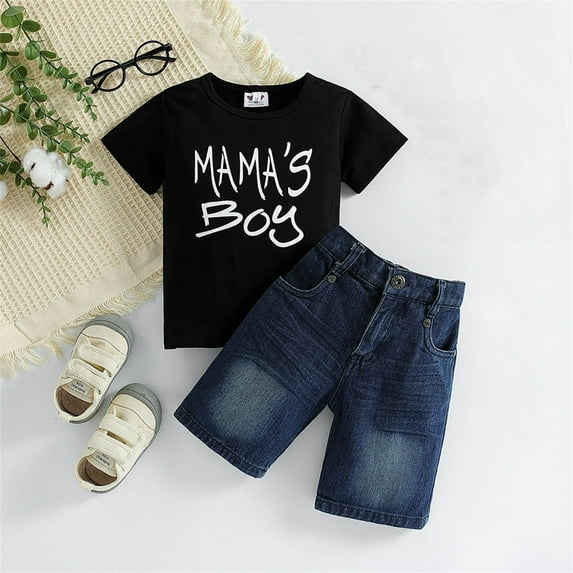 Utoimkio Toddler Baby Boy Mother's Day 2Pcs Summer Outfits Kids Cute Print Clothes Short Sleeve T-Shirt Tops & Denim Shorts Two Piece Set Size 2-6Y