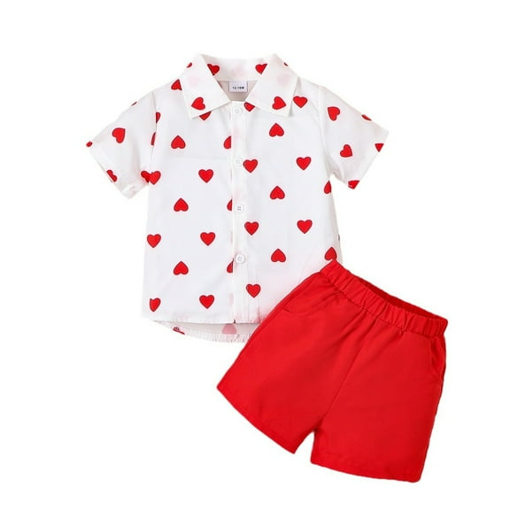 Utoimkio Toddler Baby Boy Summer Clothes Heart Print Short Sleeve Button Down Shirt Tops Cotton Pants Suits Valentine's Day Outfits