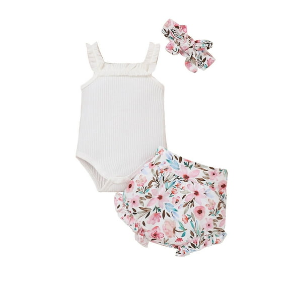 Utoimkio Toddler Baby Girls Summer Outfits Romper Tops & Drawstring Shorts Sets 2Pcs Cute Baby Summer Lounge Clothes with Headband