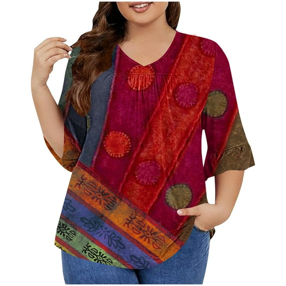 Utoimkio Tunic Tops for Women Plus Size 3/4 Sleeve Floral Print Shirts Crewneck Pleated Pullover Tee Blouses for Women