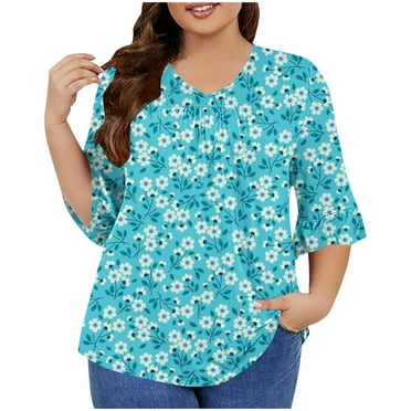 Utoimkio Clearance Tunic Tops for Women Plus Size 3/4 Sleeve Floral Print Shirts Crewneck Pleated Pullover Tee Blouses for Women