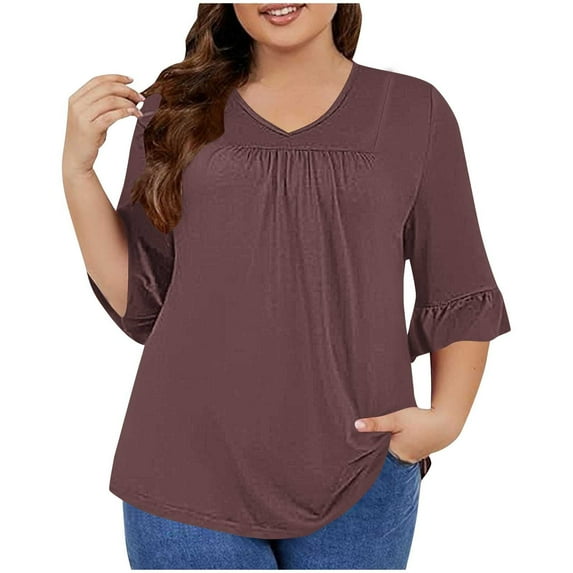 Utoimkio Tunic Tops for Women Plus Size 3/4 Sleeve Solid Color Shirts Crewneck Pleated Pullover Tee Blouses for Women