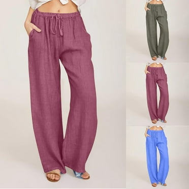 Utoimkio Clearance Wide Leg Linen Lounge Pants for Women Loose Fit High Waisted Drawstring Casual Trousers Pants for Women with Pockets
