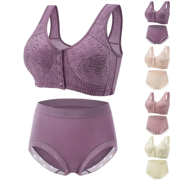 Utoimkio Wireless Bras Set of 2 for Women Front Closure Comfort Full Coverage Bras for Women No Underwire Everyday Bras with Underwear Panties