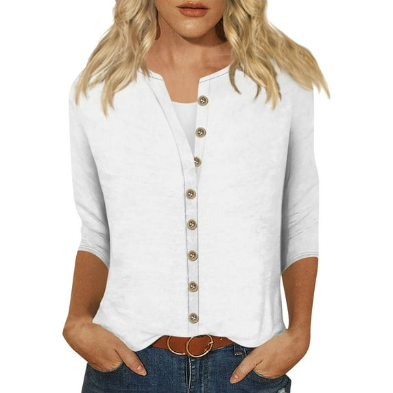 Utoimkio Clearance Women's 3/4 Sleeve Tops Casual Button Down Shirts for Women Loose Fit Casual Solid Color Blouses for Women