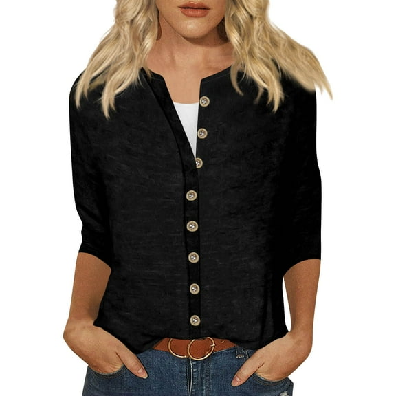 Utoimkio Women's 3/4 Sleeve Tops Casual Button Down Shirts for Women Loose Fit Casual Solid Color Blouses for Women