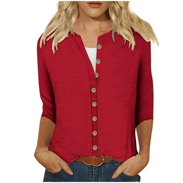 Utoimkio Clearance Women's 3/4 Sleeve Tops Casual Button Down Shirts for Women Loose Fit Casual Solid Color Blouses for Women