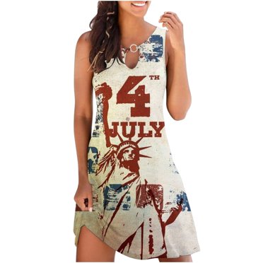 Women's 4th Of July Dress - American Flag Patriotic Sundress With Elastic Waist