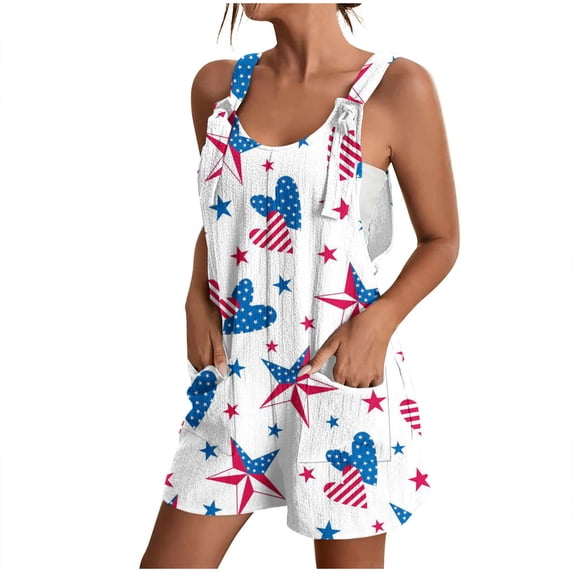 Utoimkio Women's American Flag Overalls Shorts Bib with Pockets 4th of July Patriotic Adjustable Straps Rompers One Piece Jumpsuits for Women