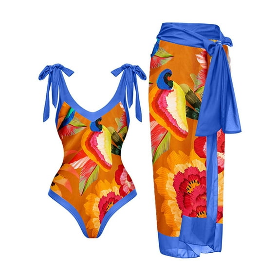 Utoimkio Clearance Women's Bikini Set Two Piece Elegant Halter High Cut Ruffled Vintage Print One Piece Swimsuits with Lace Up Bikini Wrap Skirt