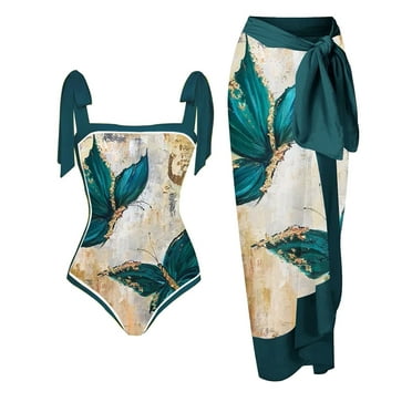 Utoimkio Clearance Women's Bikini Set Two Piece Elegant Halter High Cut Ruffled Vintage Print One Piece Swimsuits with Lace Up Bikini Wrap Skirt