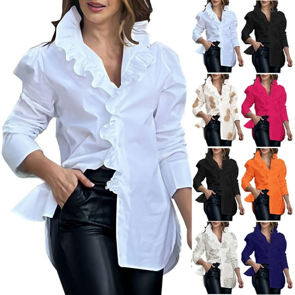 Utoimkio Women's Button Down Dress Shirts Long Sleeve V Neck Solid Color Blouses Casual Party Tunic Tops for Women