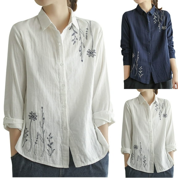 Utoimkio Women's Button Down Shirts Cotton Linen Dress Shirt Long Sleeve V Neck Floral Print Blouses Casual Vacation Tunic Tops for Women