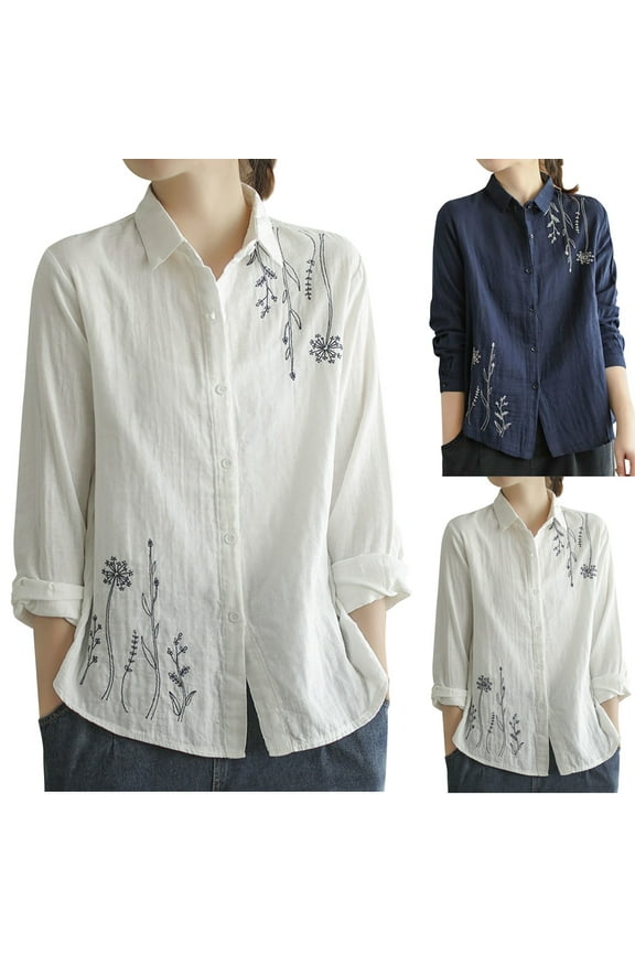 Women's Button Down Shirts Cotton Linen Dress Shirt Long Sleeve V Neck Floral Print Blouses Casual Vacation Tunic Tops for Women