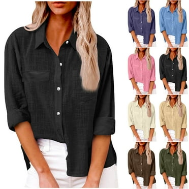 Utoimkio Clearance Women's Button Down Shirts Cotton Linen Dress Shirt Long Sleeve V Neck Solid Color Blouses Casual Work Tunic Tops for Women