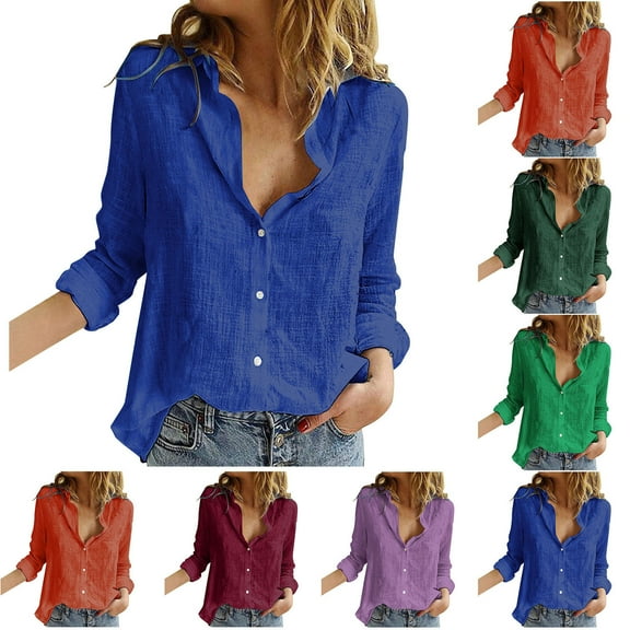 Utoimkio Women's Button Down Shirts Cotton Linen Dress Shirt Long Sleeve V Neck Solid Color Blouses Casual Work Tunic Tops for Women