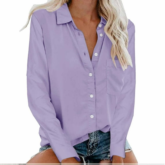 Utoimkio Women's Button Down Shirts Solid Color Long Sleeve V Neck Classic Shirt Business Casual Blouse Tops for Women