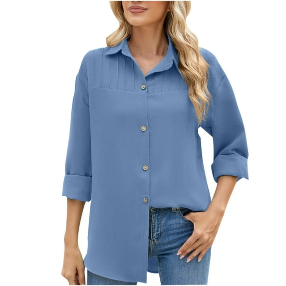 Utoimkio Women's Button Down Solid Color Shirts Classic Fit Long Sleeve Collared Tops Work Office Blouses for Women